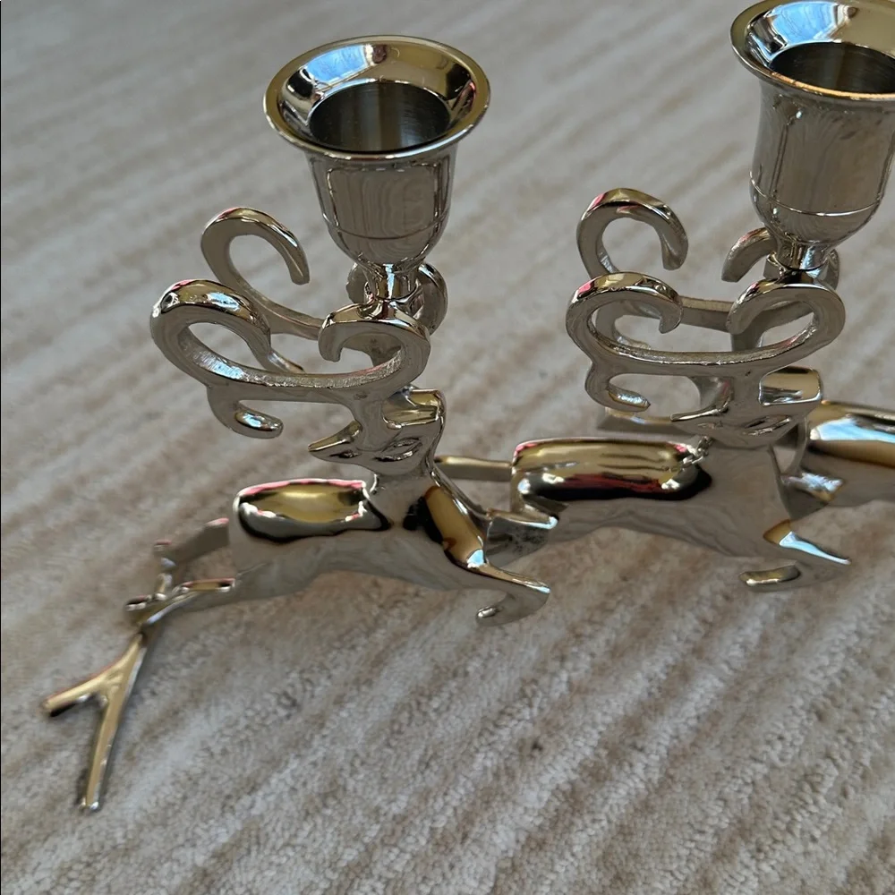 Like New: Christmas Chrome Silver Reindeer Candle Holder Trio Mantle Centerpiece